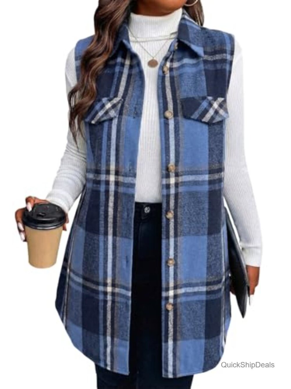 Women's Sleeveless Lined Flannel Plaid Vest Long Casual Jacket with Pockets